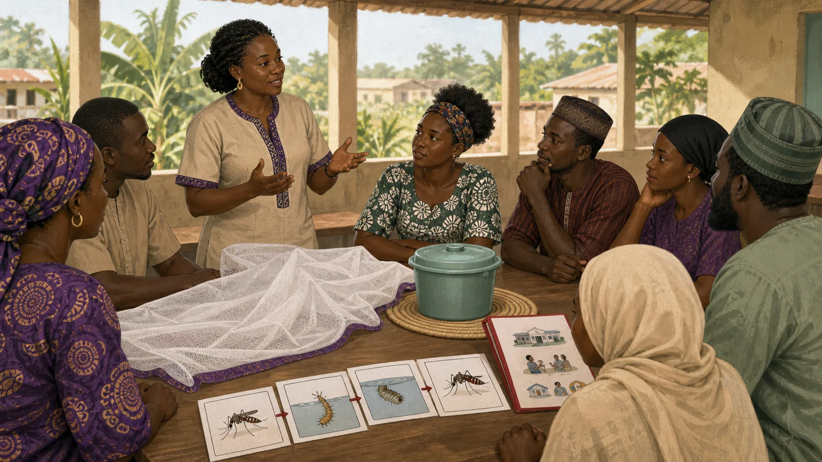 Concept illustration of a community malaria-prevention learning session using a bed-net sample, covered water container and mosquito-life-cycle cards
