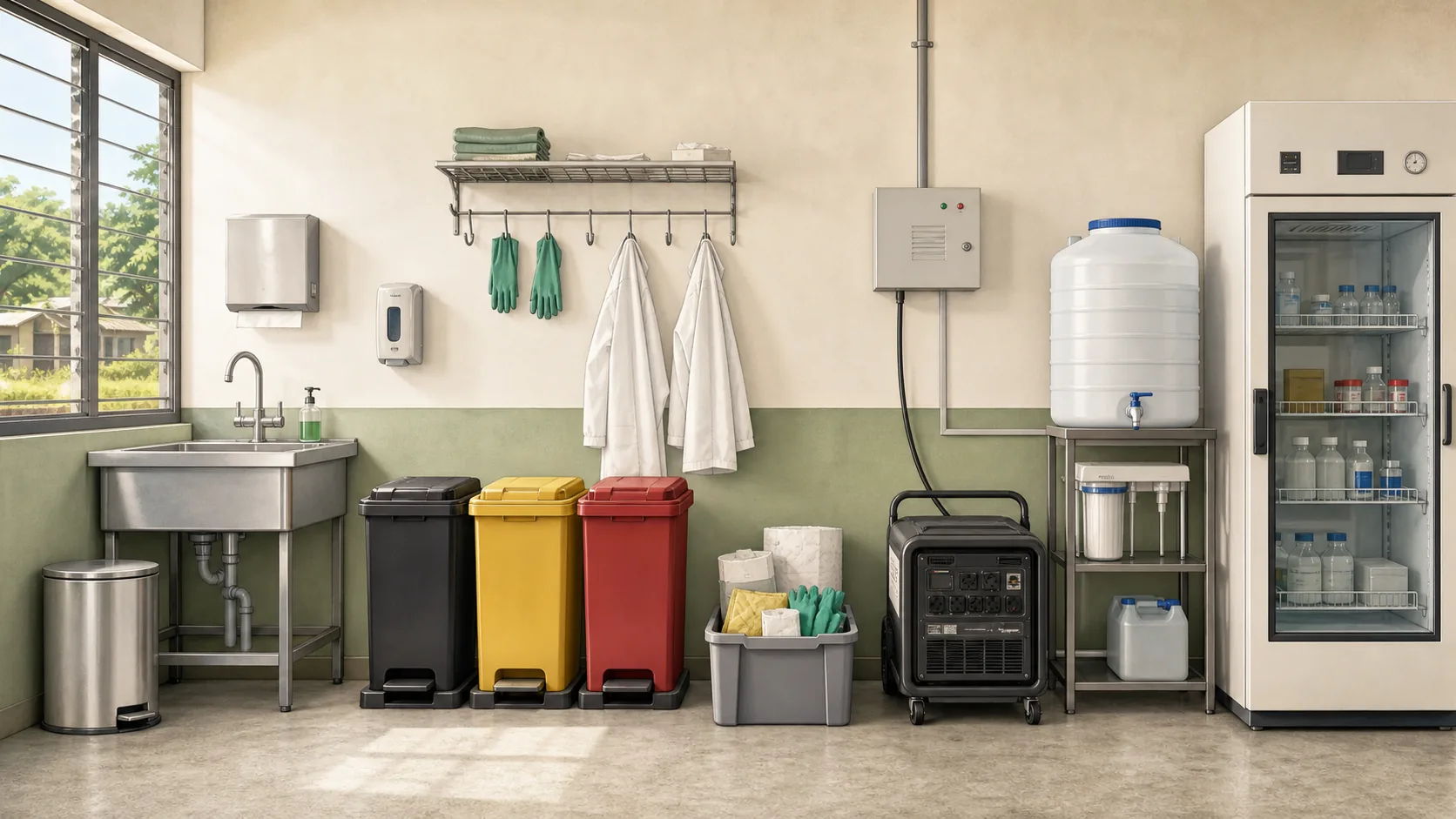 Planning illustration of handwashing, protective clothing, covered waste containers, backup power, water and reagent storage