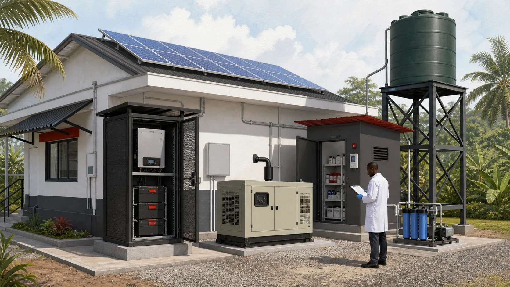 Concept illustration of solar power, protected batteries, generator backup, clean-water storage, filtration and temperature-controlled reagent storage