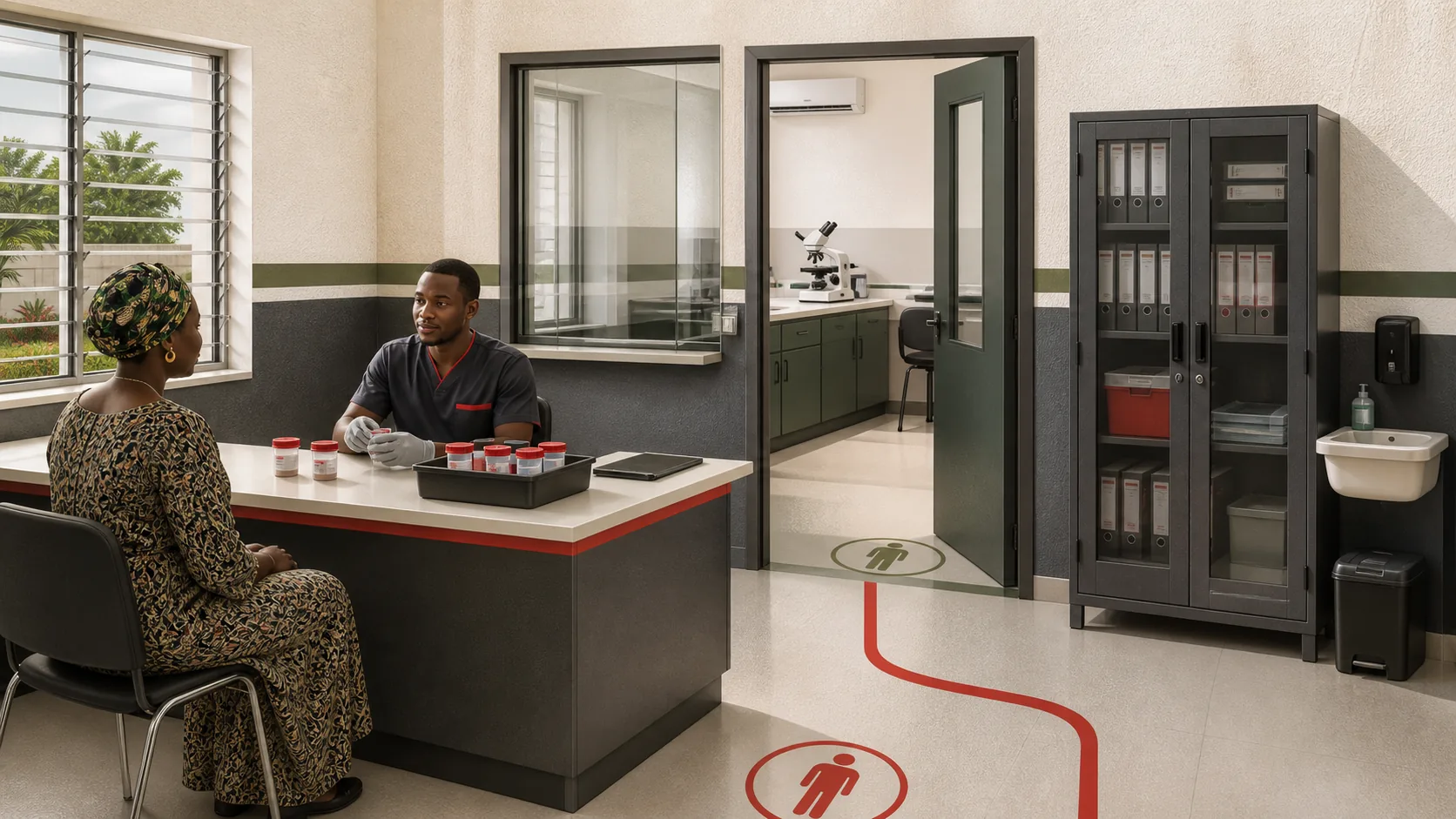 Concept illustration of a private specimen reception area with coded handoff, controlled records and separate public and staff circulation